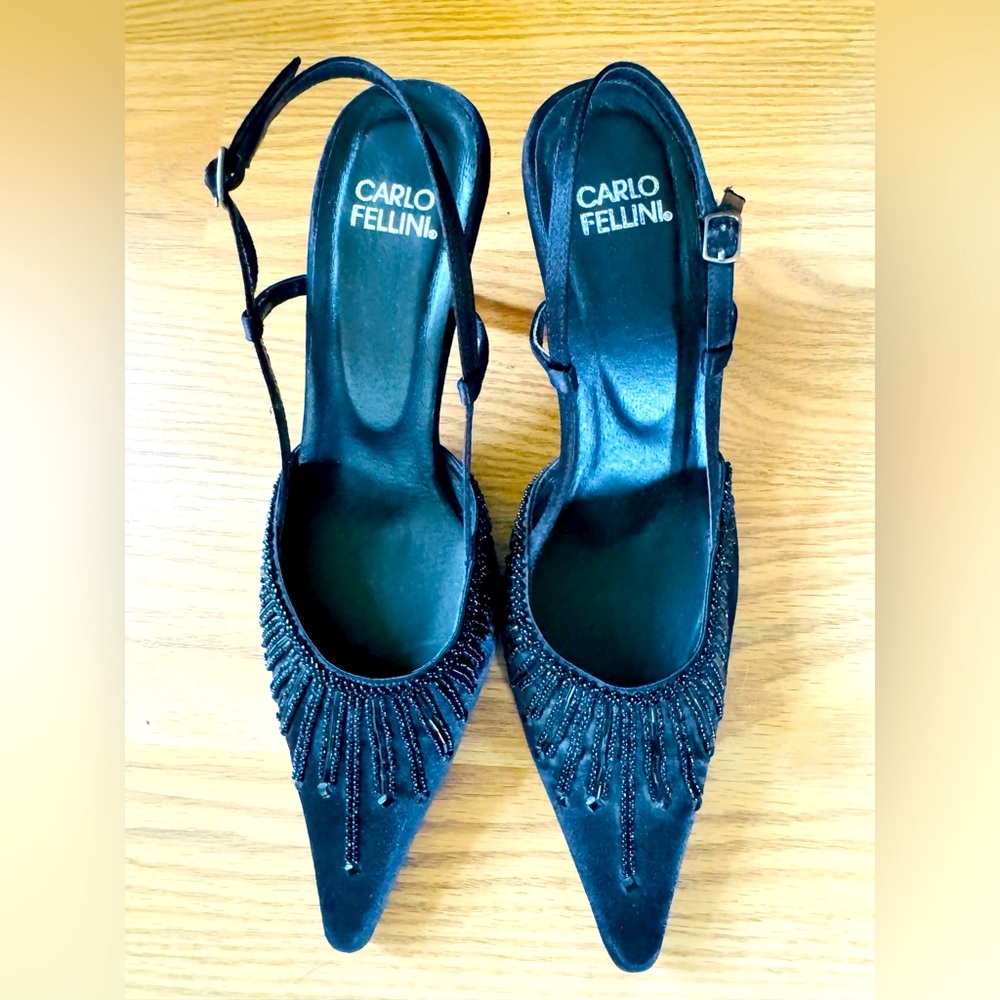 [Carlo Fellini] Black Satin Beaded Evening Pumps Sz: 8